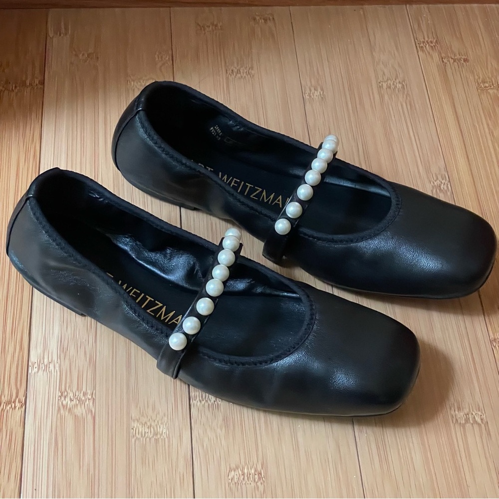 Stuart Weitzman Goldie Black Leather Ballet Flats Size 7.5 NWT